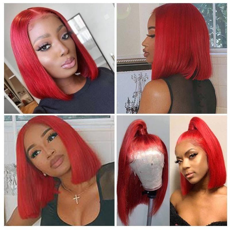 Ruby Red 10A+ Human Hair Bob Wig 13x4 Transparent Lace 150% Density - Virgin BrazilianWigVirgin BrazilianVirgin BrazilianRedwig - bob12